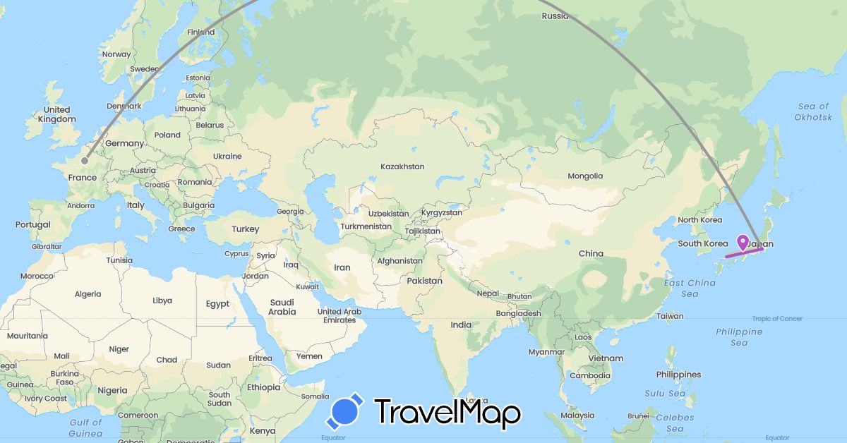 TravelMap itinerary: driving, plane, train in France, Japan (Asia, Europe)